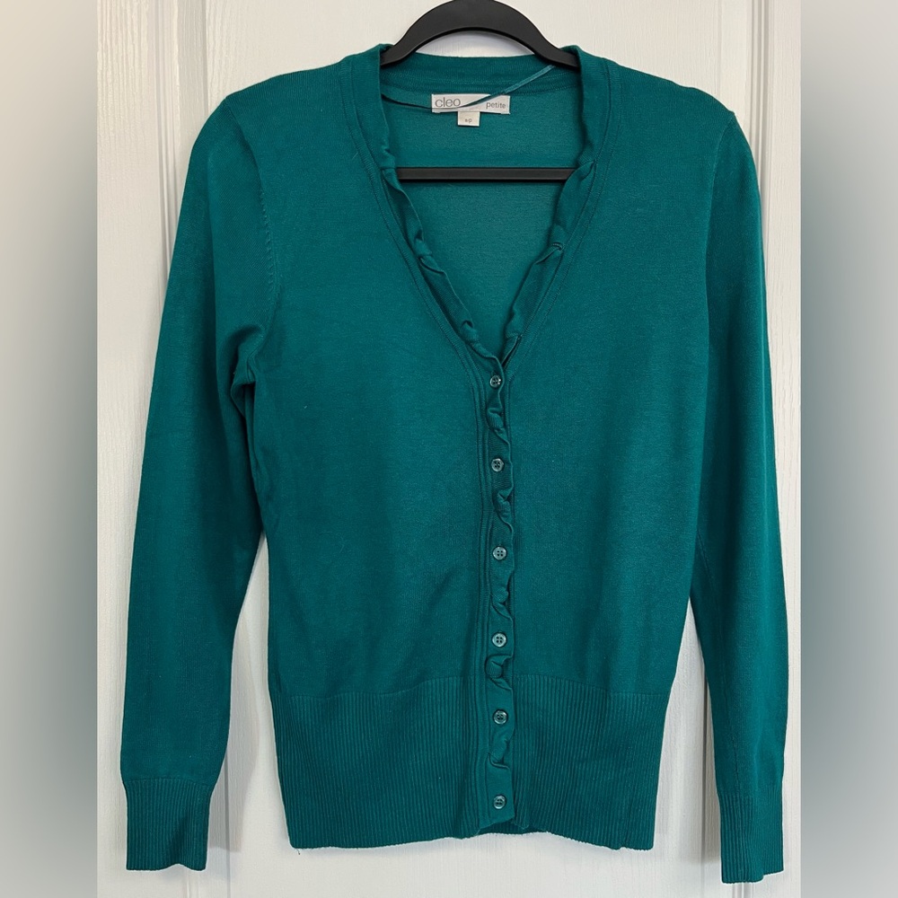 Cleo Teal Ruffle-Trim Cardigan Size Small Petite